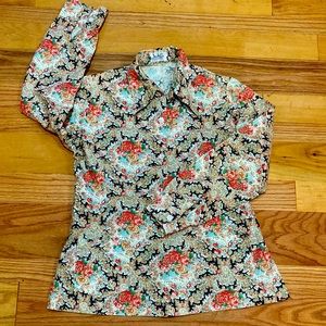 Jackfin Size 12 Floral Blouse, 100% Cotton, Button Front with Collar, Excellent